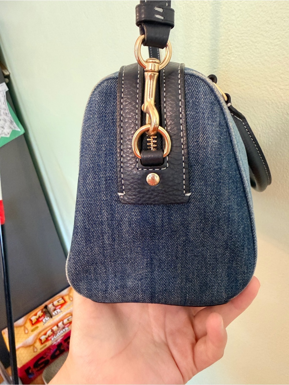 Coach Blue Denim Satchel with Navy Leather Trim and Gold Hardware - Picture 11 of 14